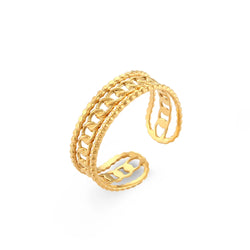 "Close-up of an adjustable ring with a 3-layer chain design, offering a modern and trendy accessory option."