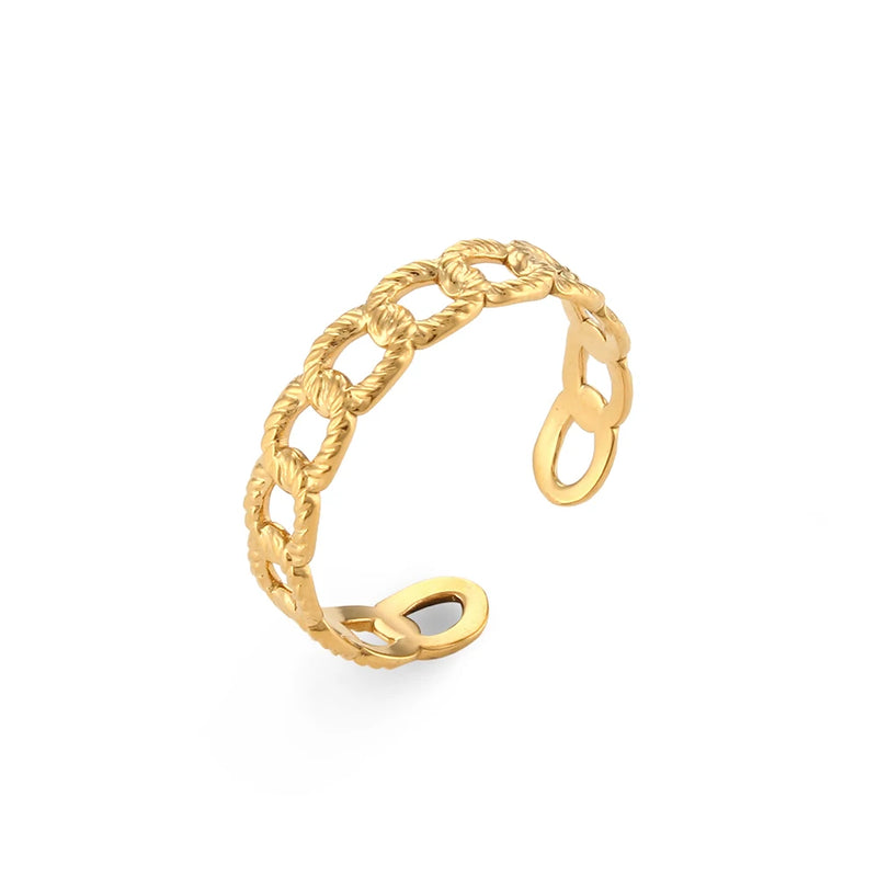 "Close-up of an adjustable ring with a textured Cuban chain design, offering a stylish urban accessory."