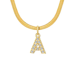 "Gold initial pendant necklace with a sleek flat snake chain, showcasing a personalized letter pendant."