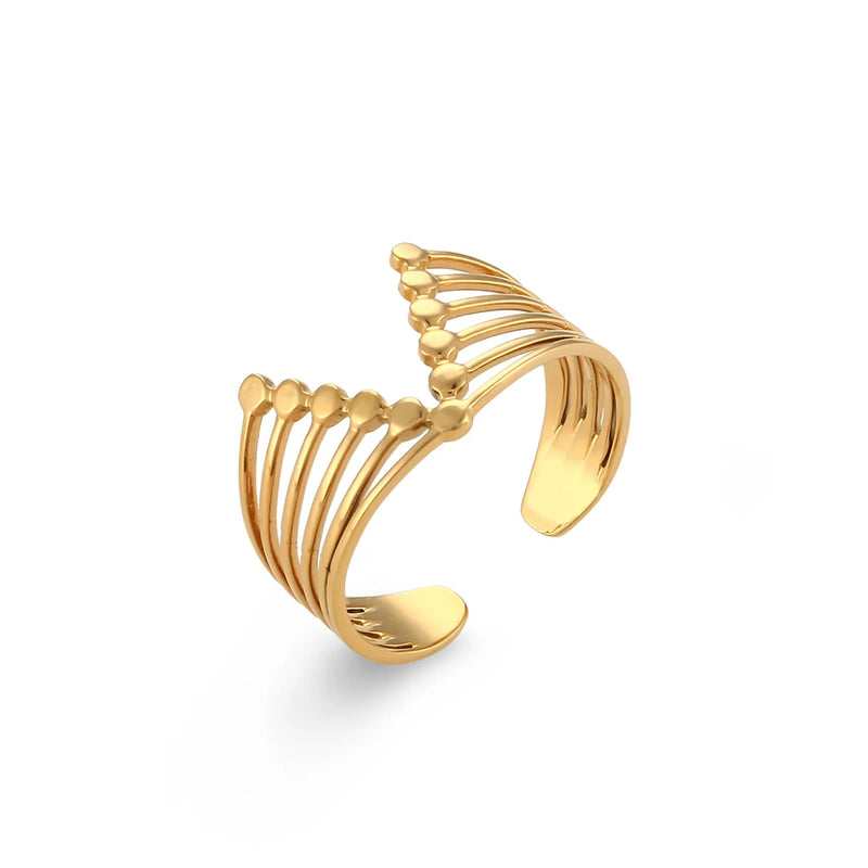 "Close-up of a ring with multiple thin bands forming a V shape, showcasing a modern and elegant design."