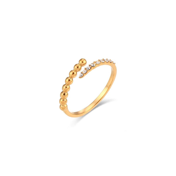 "Close-up of an adjustable ring with a half-bead, half-paved zirconia stone design, offering a blend of classic sophistication and contemporary style."