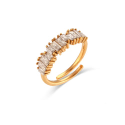 "Close-up of an adjustable ring with a cluster of baguette-cut cubic zirconia stones, available in various colors, offering versatile elegance and sparkle."