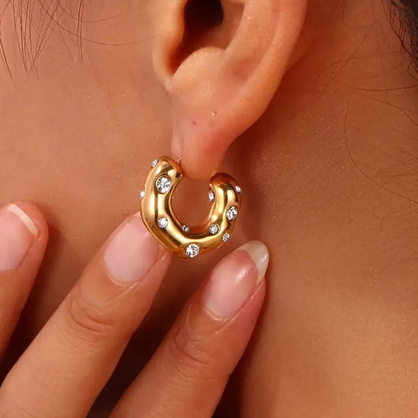 Clear CZ Stone Paved Gold Hoops