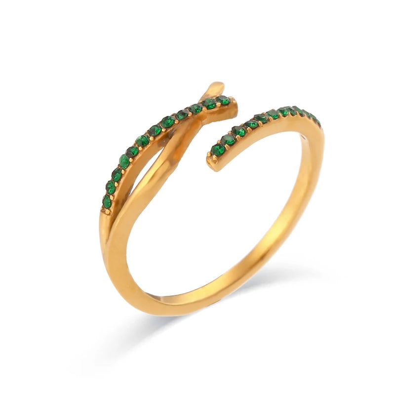 "Close-up of an adjustable ring with a branch crossover design encrusted in cubic zirconia stones, evoking the beauty of nature with intricate detail."