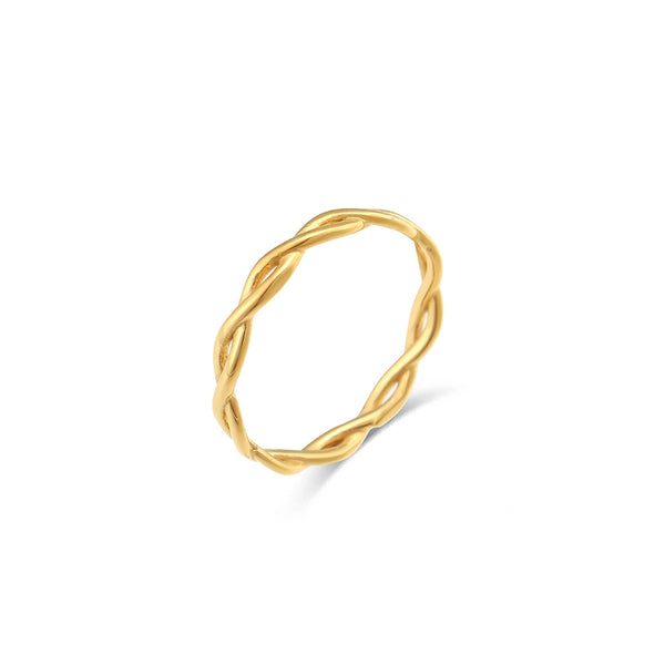 "Close-up of a ring with a thin braided band, showcasing intricate detailing and elegant simplicity."